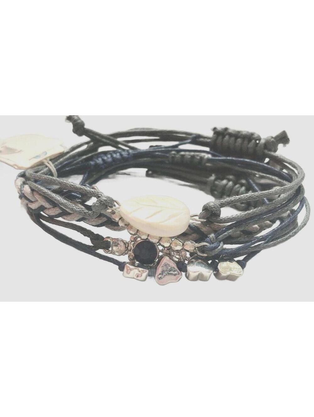 NWT Gemma Simone Navy Blue Vegan Friendship Love Silver Charm Bracelet 6-Set Adj